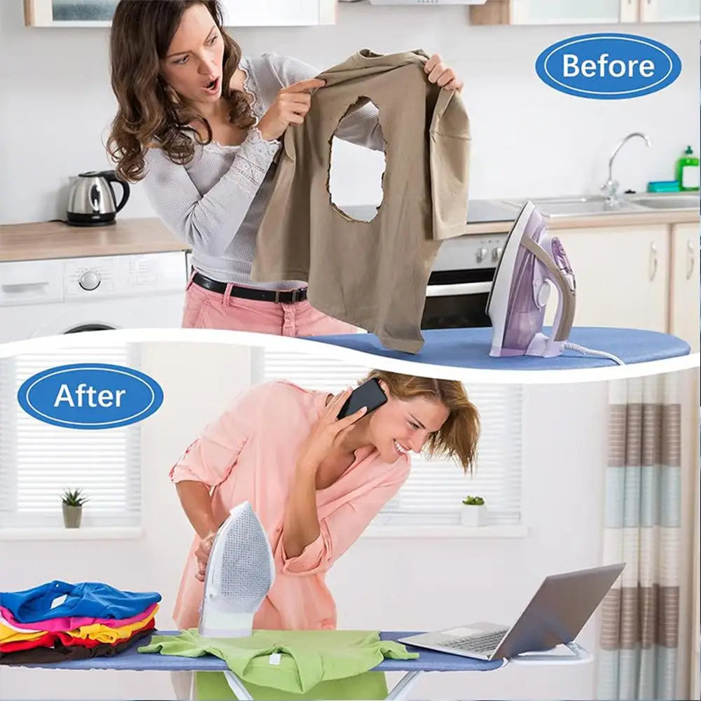 Before and after comparison showing a universal iron protective cover shield used for ironing clothes.