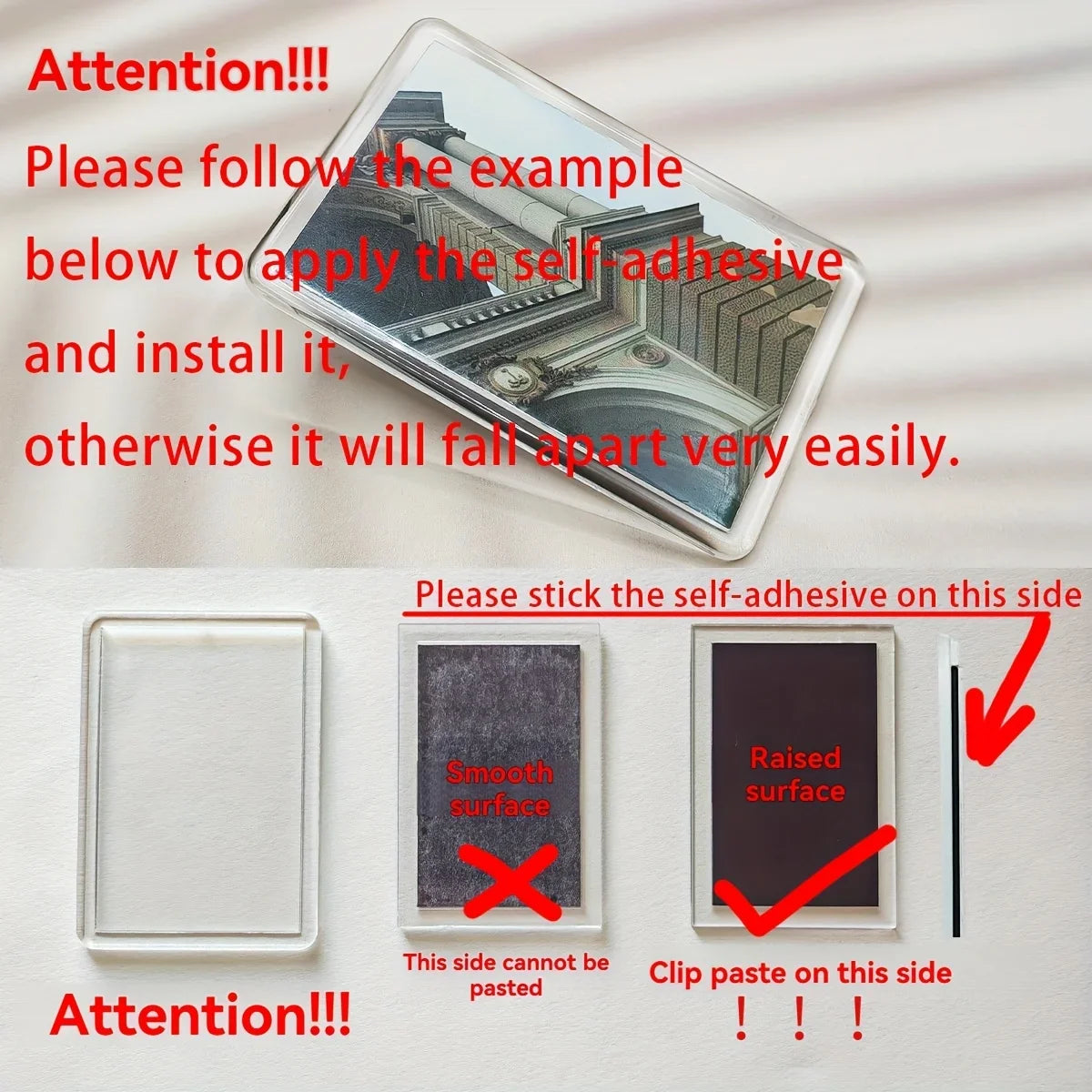 Anleitung zur Anbringung eines selbstklebenden Fotoclips auf eine Acryl-Oberfläche, zeigt korrekte und falsche Anwendung.