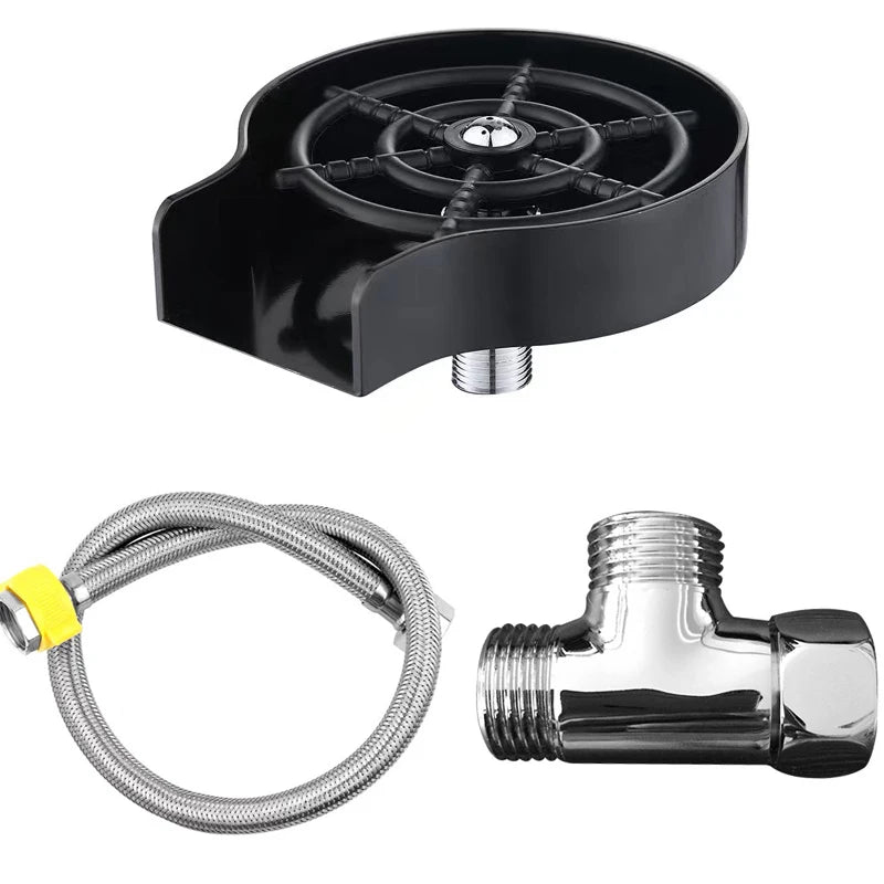Black high-pressure faucet glass rinser for bars and kitchens with a flexible metal hose.