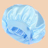 Light blue satin wide brim shower cap shown from above