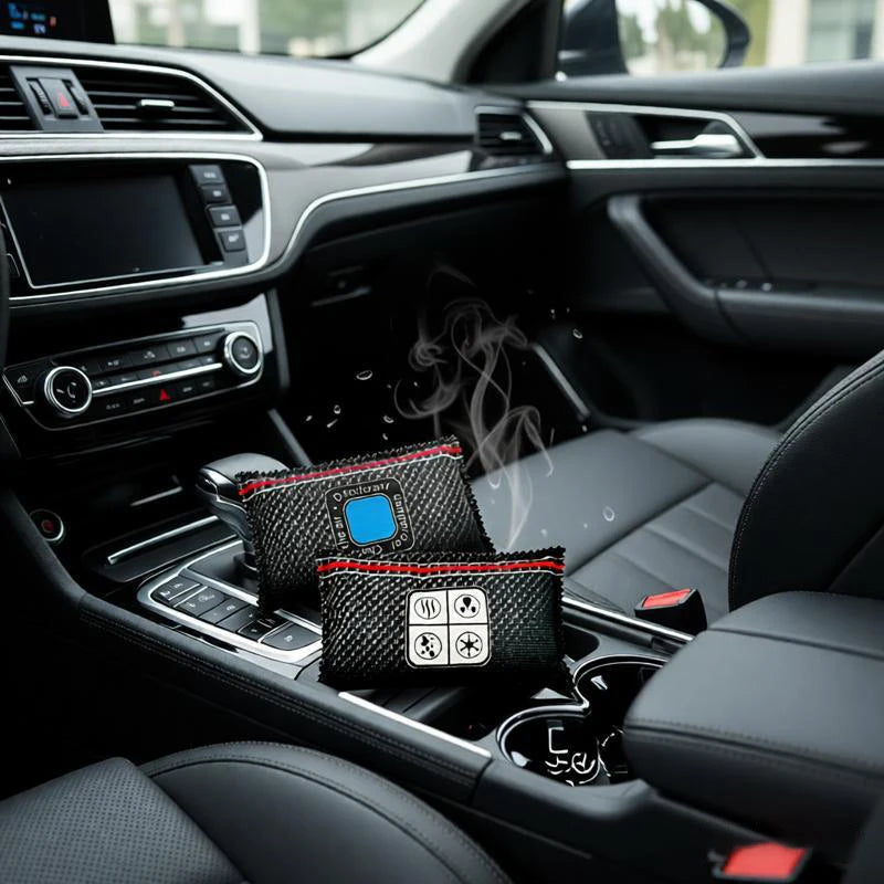 A set of reusable silica gel dehumidifier bags resting in the center console of a car interior.