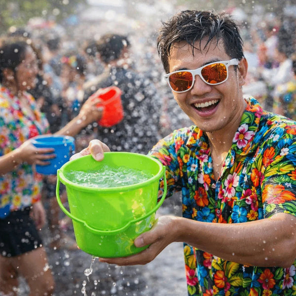 A man smiling while holding a green plastic water splashing bucket in a crowd.