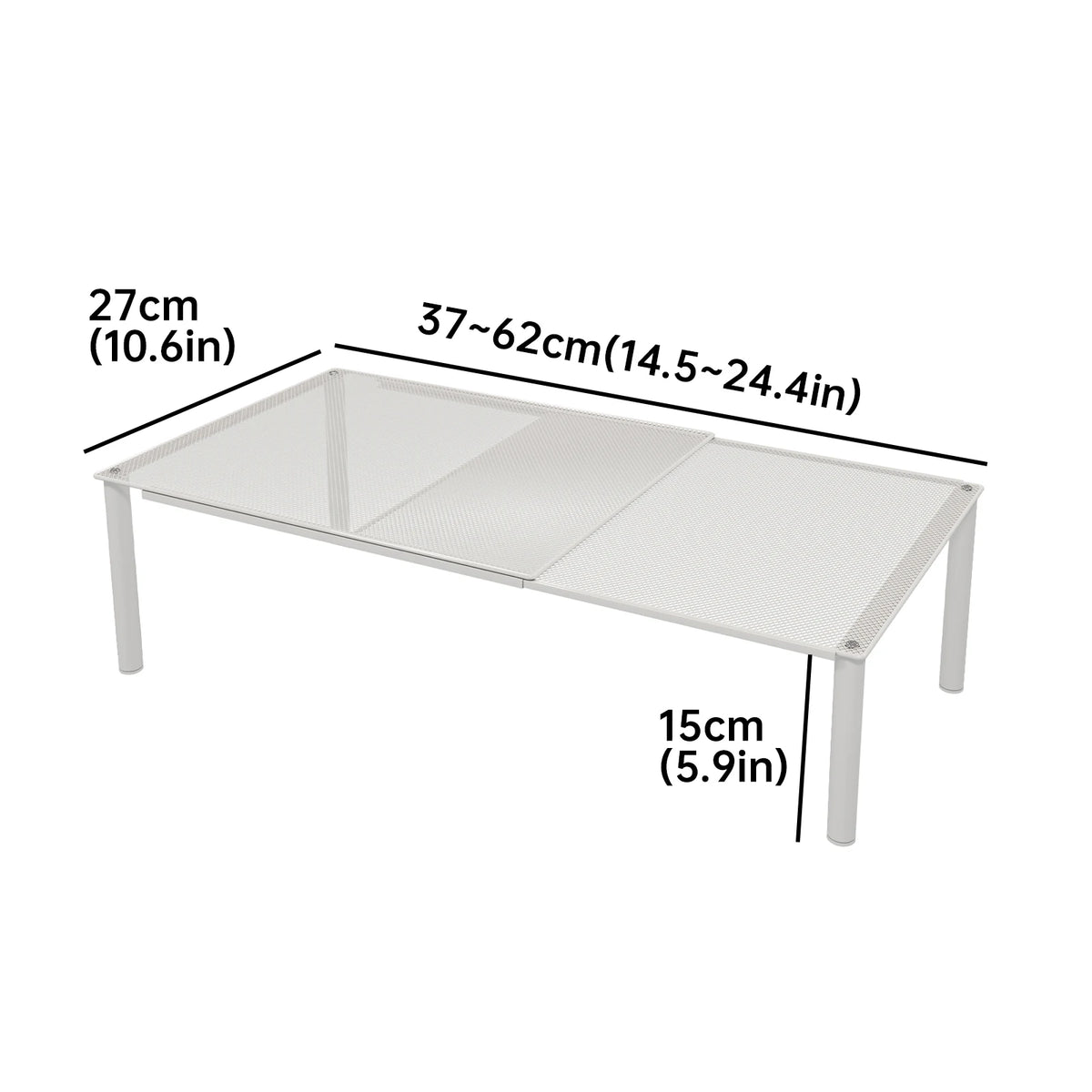 A white adjustable extendable shoe cabinet organizer with dimensions 27cm to 62cm and a height of 15cm.
