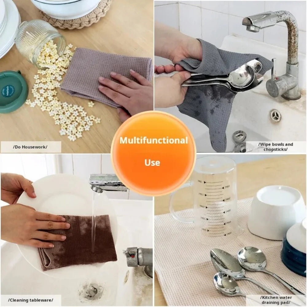 A set of multifunctional absorbent cotton waffle weave towels used for cleaning and kitchen tasks.