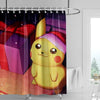 A shower curtain featuring a cute yellow Pokemon character against a purple and pink background.