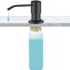 A black stainless steel liquid soap dispenser with a silver spout and a light blue bottle underneath.