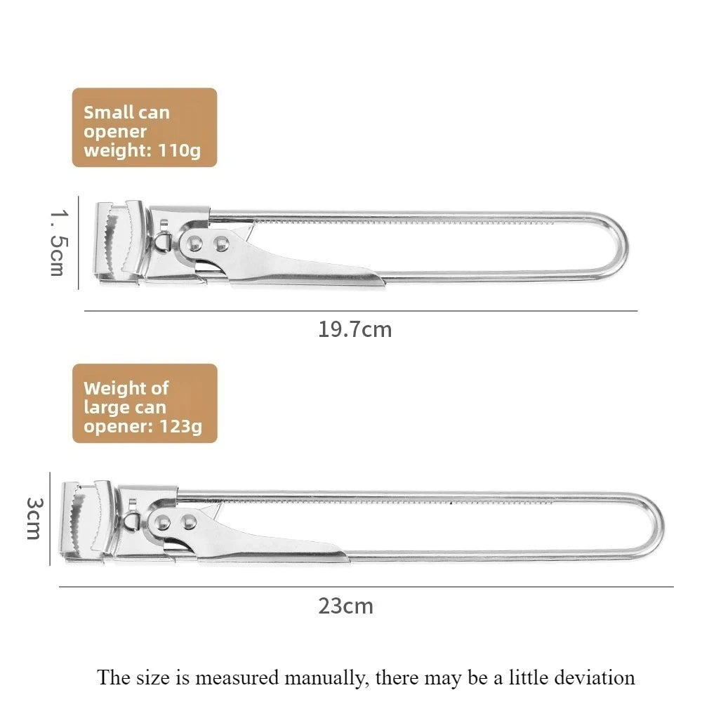 Stainless steel multi-function can opener set showing small and large versions of the tool