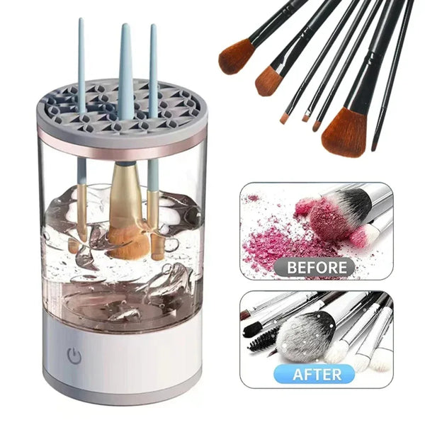 Automatic electric makeup brush cleaner device with brushes and cleaning solution before and after shots