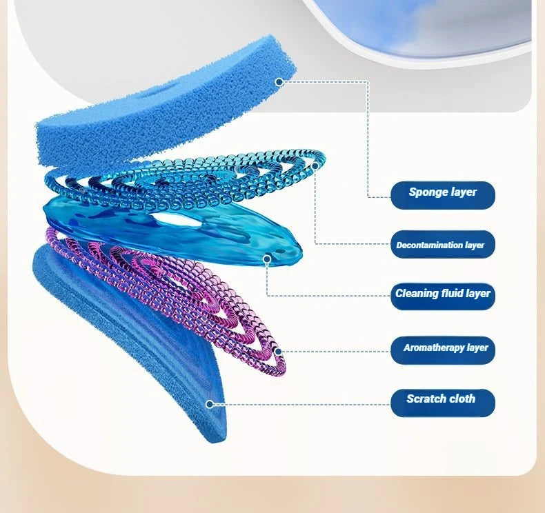 Set of five layers of blue and purple cleaning sponges and a scratch cloth on a wall-mounted toilet brush.
