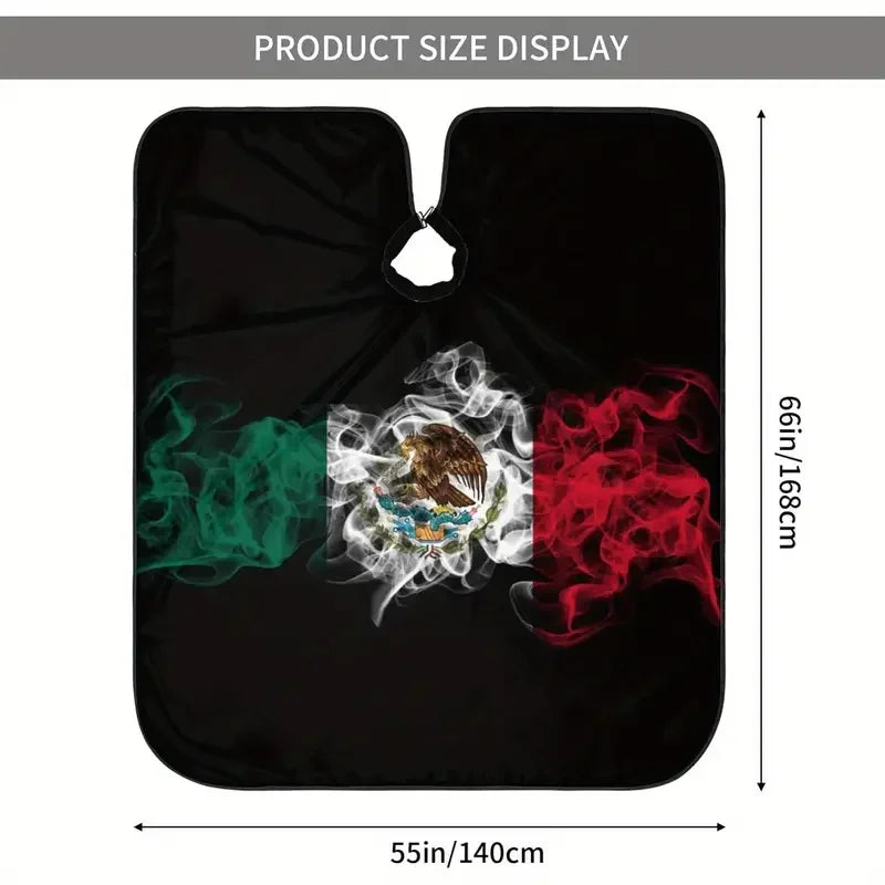 Black satin hair cutting cape featuring a design of the Mexican flag in green, white, and red.