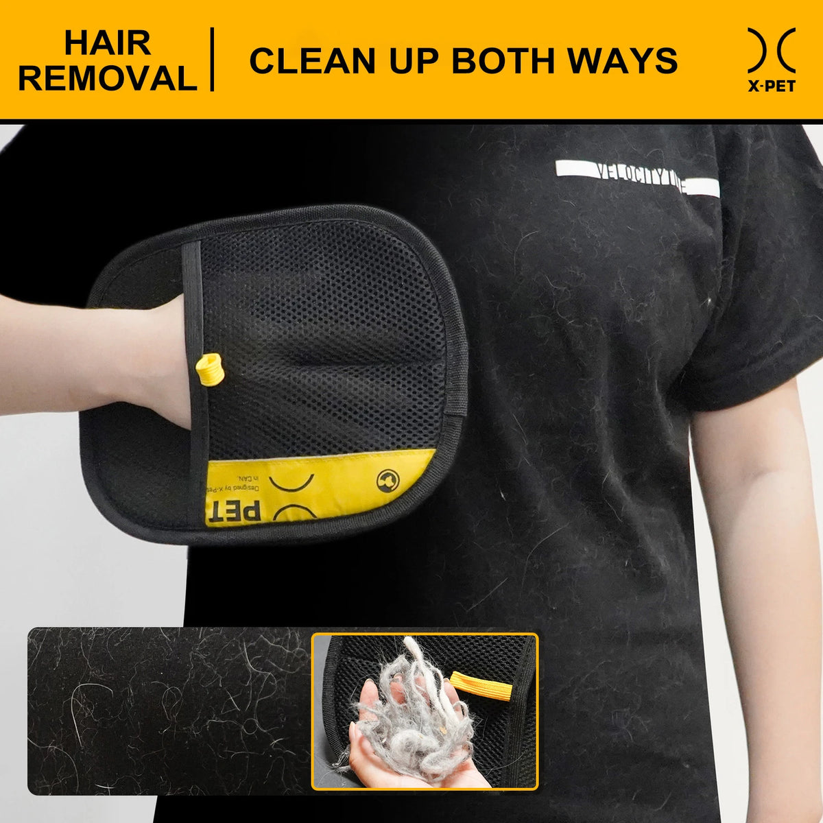 A hand is using a black silicone glove to remove pet hair from a surface.