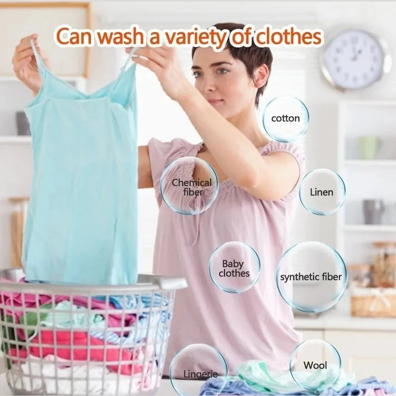 A woman is shown washing various types of clothing, including cotton, linen, synthetic fiber, baby clothes, lingerie, and woo