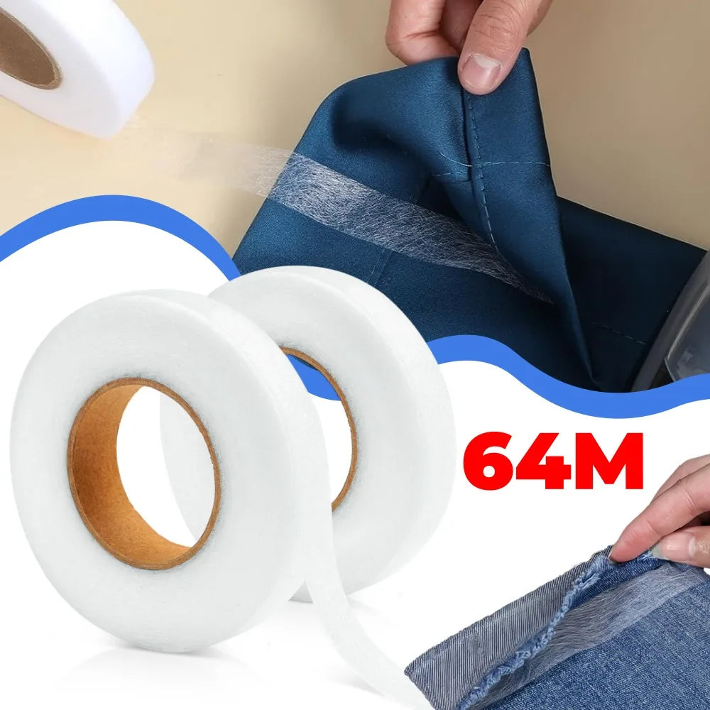 Rolls of white double-sided ironing tape being used to shorten fabric hems on denim clothing.