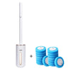 A wall-mounted toilet brush cleaning kit consisting of a white brush and blue cleaning discs.