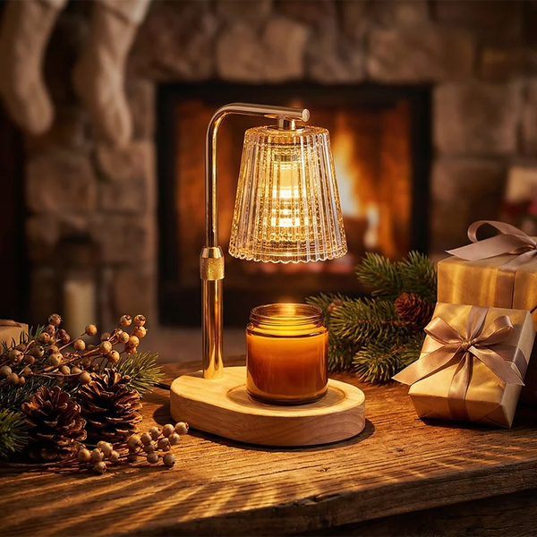 A brass candle warmer lamp with a textured glass shade sits on a wooden surface next to pine greenery and wrapped gifts.