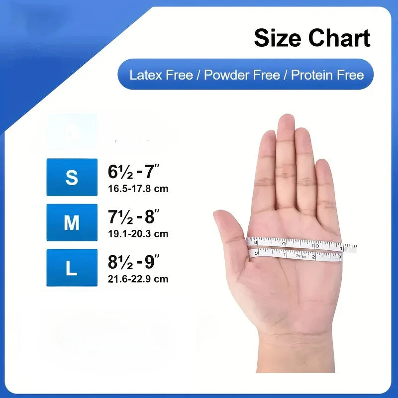 Size chart showing S, M, and L sizes with corresponding measurements for disposable gloves.