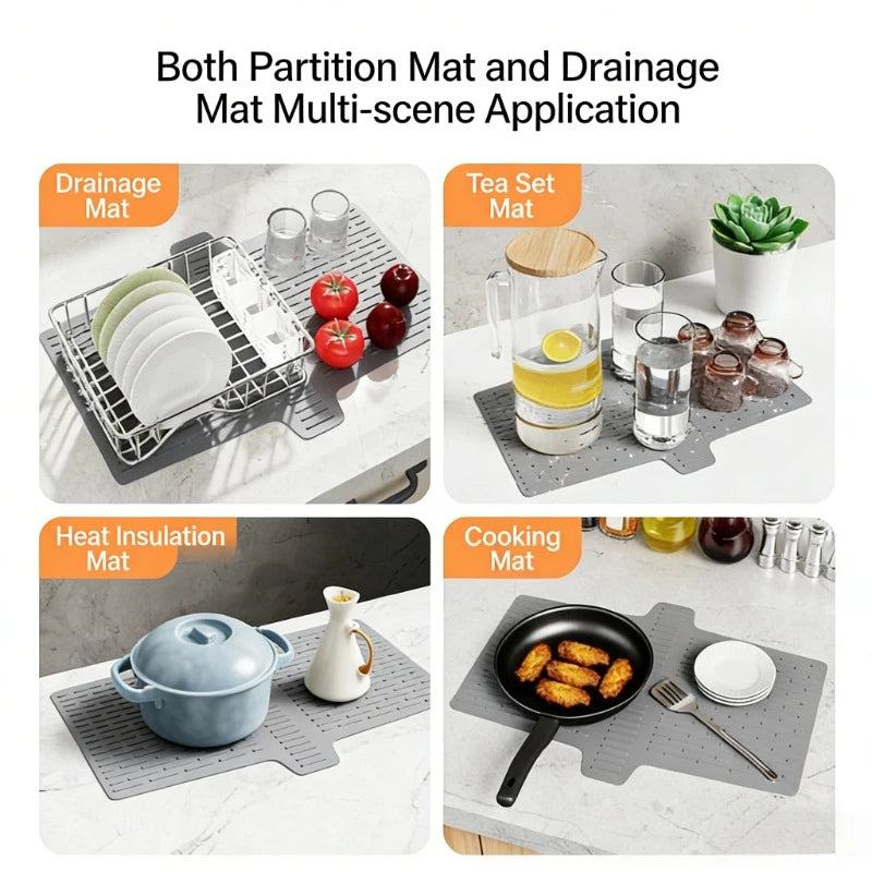 A set of silicone mats including a drainage mat, tea set mat, and heat insulation mat for multi-scene kitchen use.