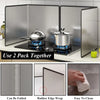A set of two foldable stainless steel oil splash guards for a stovetop shown with close-ups and usage examples.