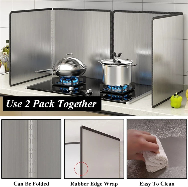A set of two foldable stainless steel oil splash guards for a stovetop shown with close-ups and usage examples.