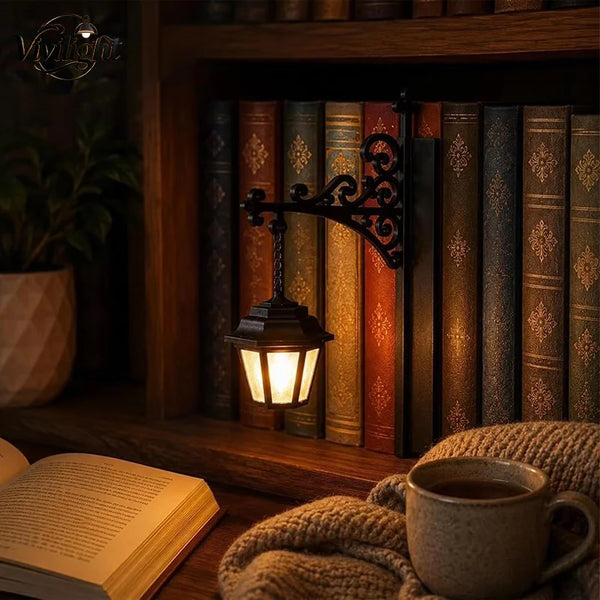 A vintage library lantern desk lamp sits on a wooden shelf next to old books and a cup of tea.