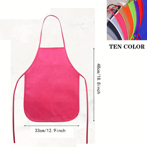 A pink non-woven craft apron is shown with dimensions 48cm by 33cm, alongside ten other colored aprons.