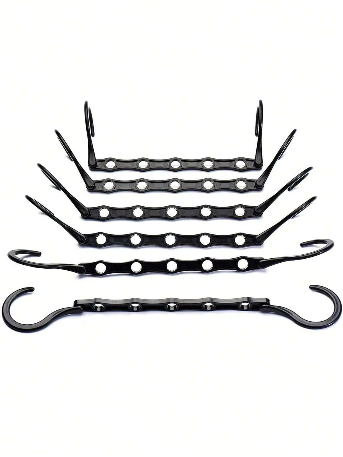 A multi-pack of black plastic clothes hangers for closet organization.