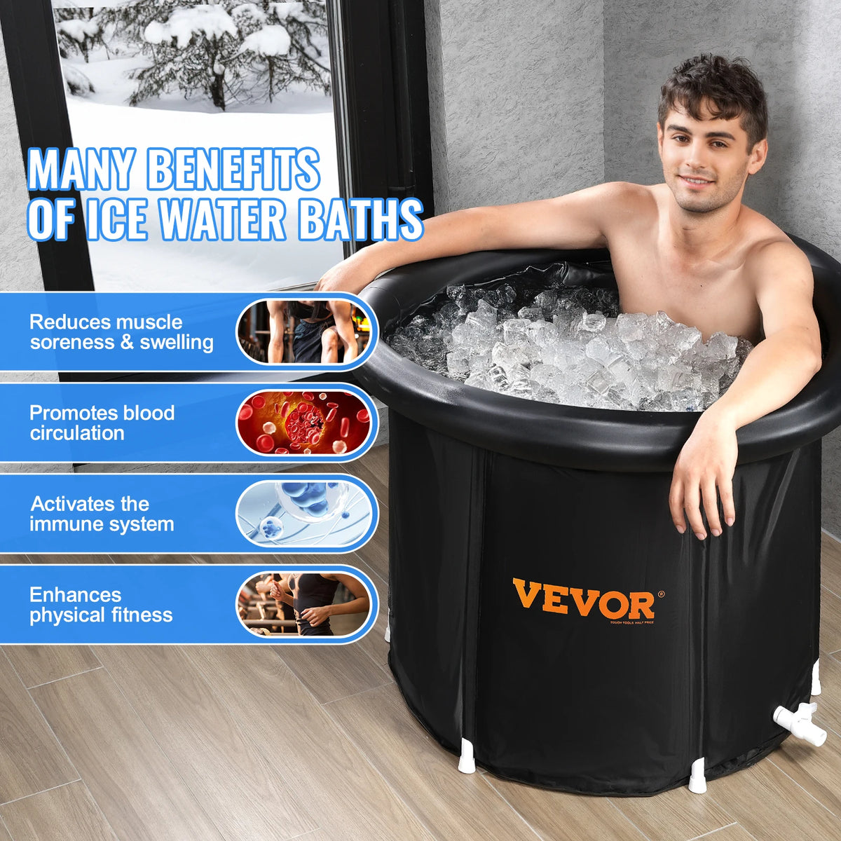 A man is sitting in a black portable ice bath tub filled with ice water, demonstrating the benefits of ice water baths.