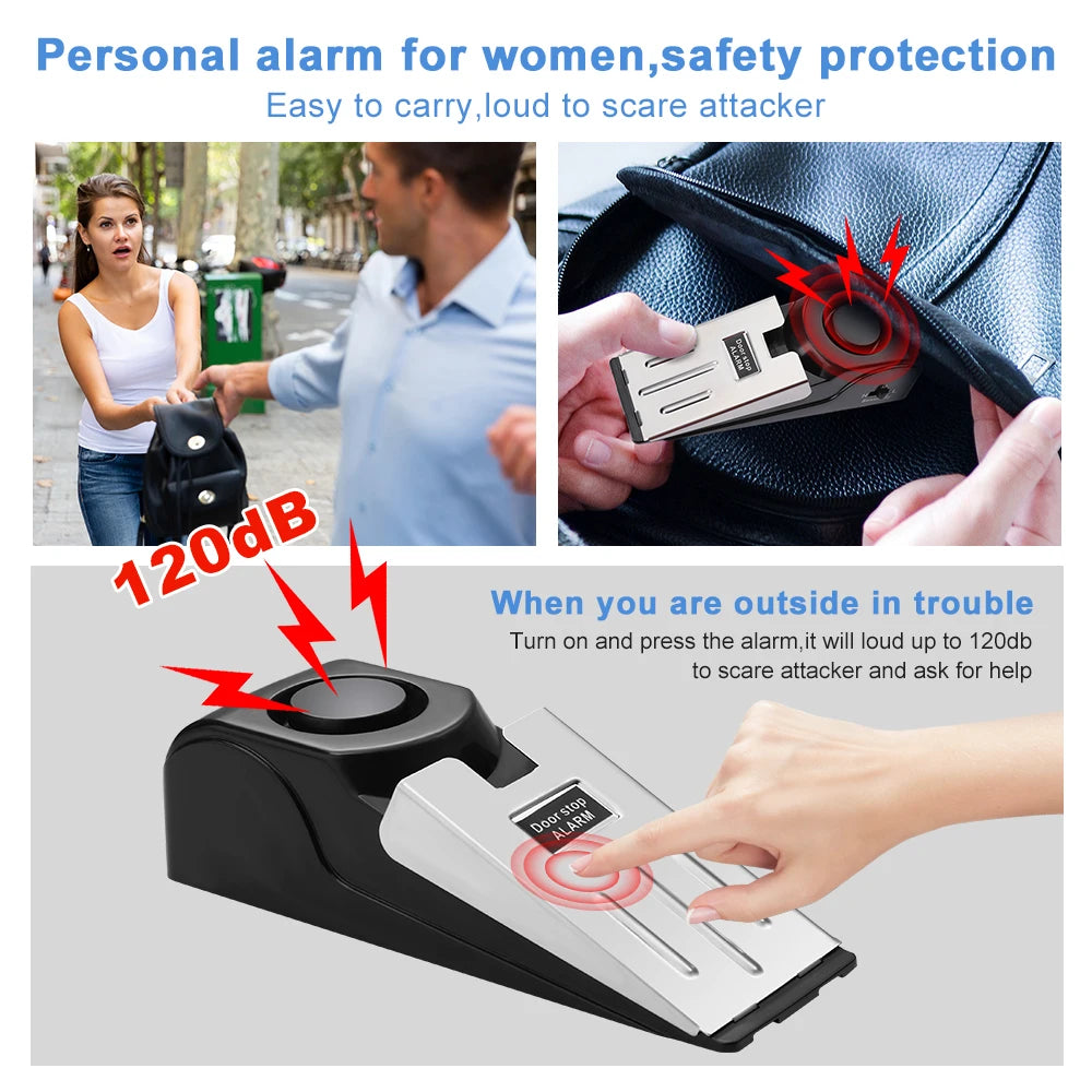 Una mano activa un dispositivo de alarma para bloqueador de puertas portátil, diseñado para seguridad personal y disuasión.