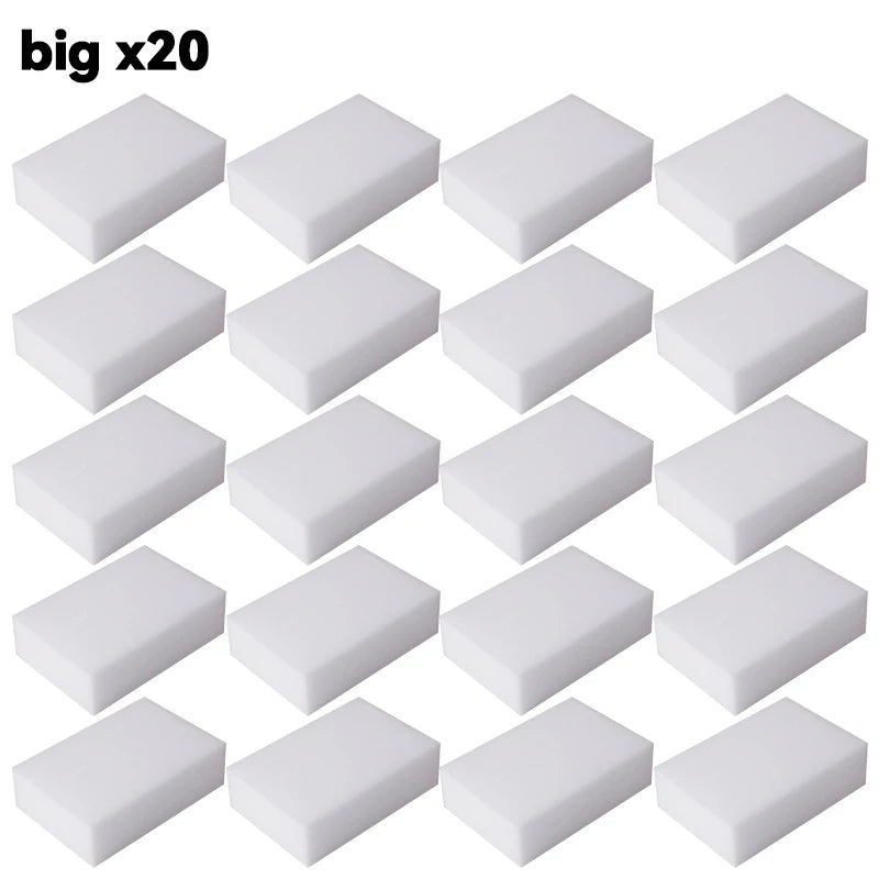 A set of twenty white melamine cleaning sponges or magic erasers.