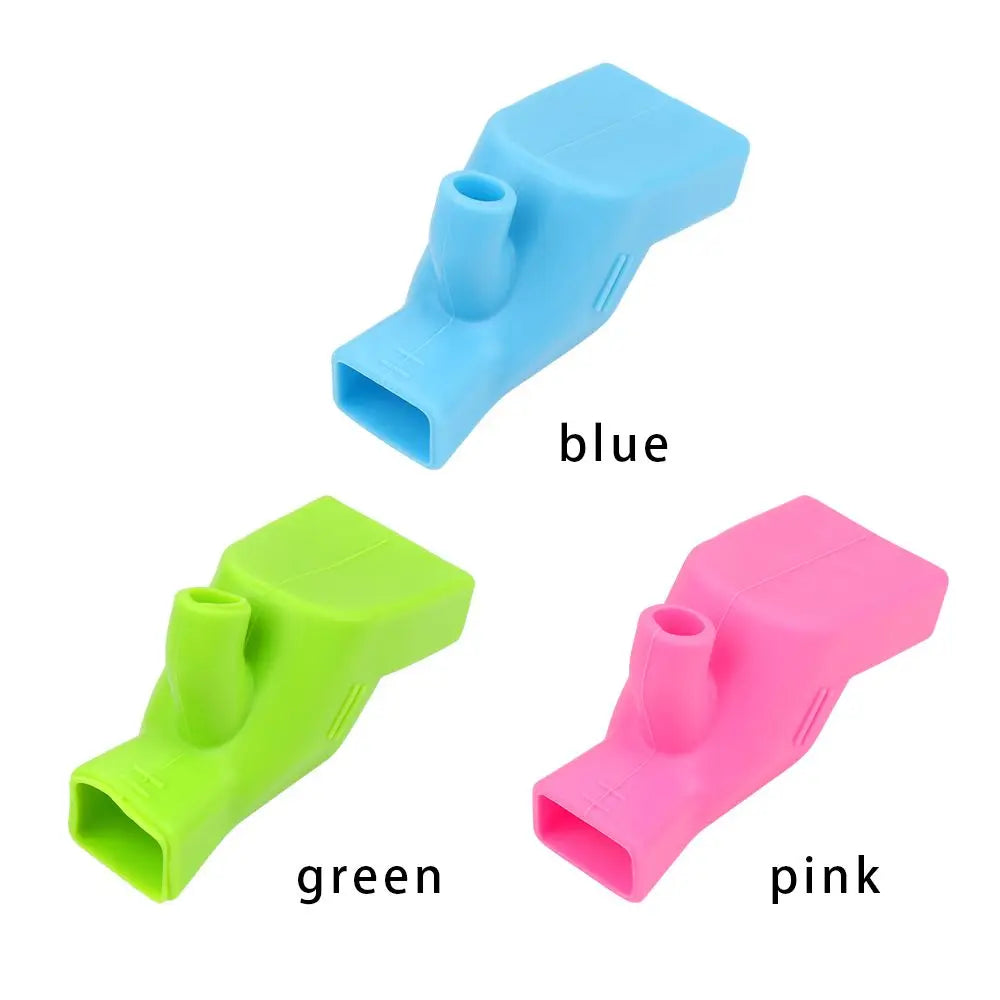 Three flexible silicone faucet extenders in blue, green, and pink.
