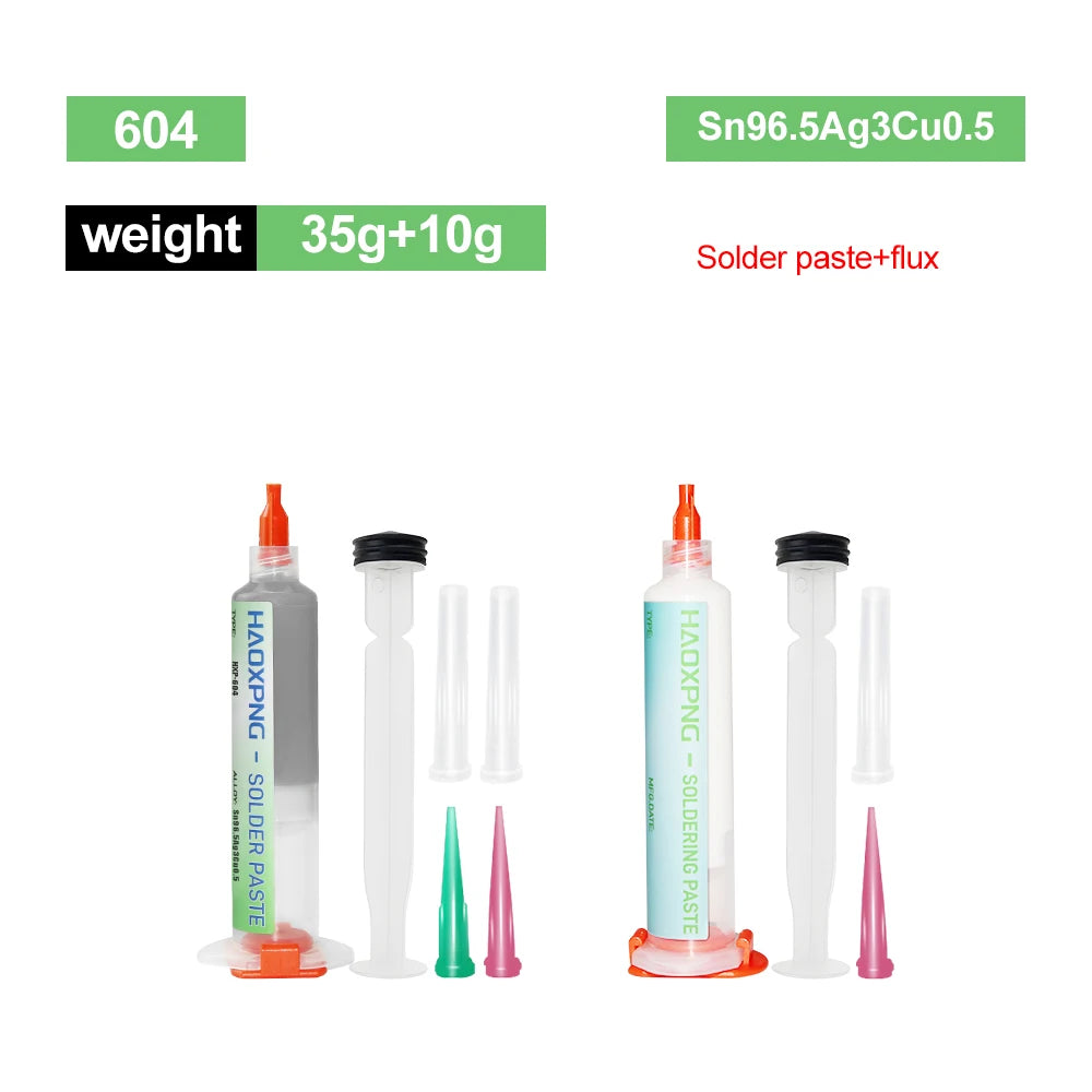 A set of solder paste and flux components including a syringe, solder paste, and flux for SMD repair.