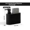 A black 2-in-1 kitchen soap dispenser with a sponge holder is shown on a white background.