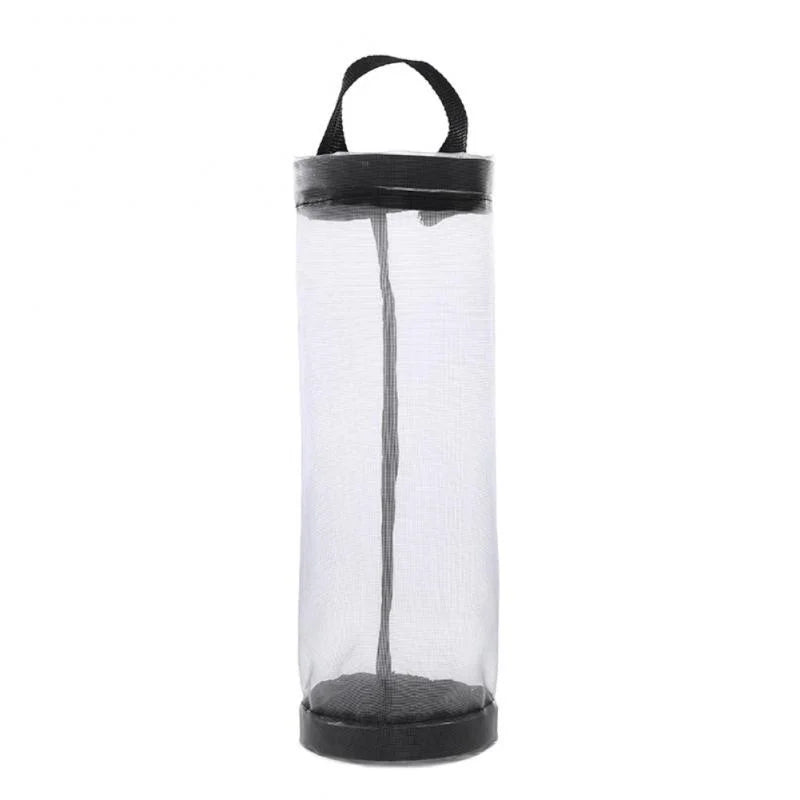 Distributeur de sacs en filet transparent avec poignée et base noires.