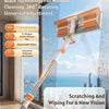 A black technology window cleaning tool with a rotating head and adjustable arm is shown cleaning a window.