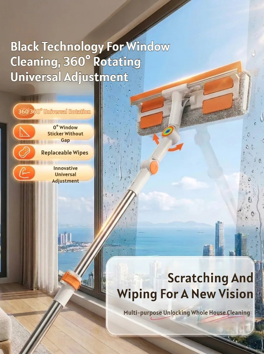 A black technology window cleaning tool with a rotating head and adjustable arm is shown cleaning a window.