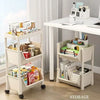 A white multi-layer portable storage rack with wheels is shown holding various office supplies and books on a modern desk.
