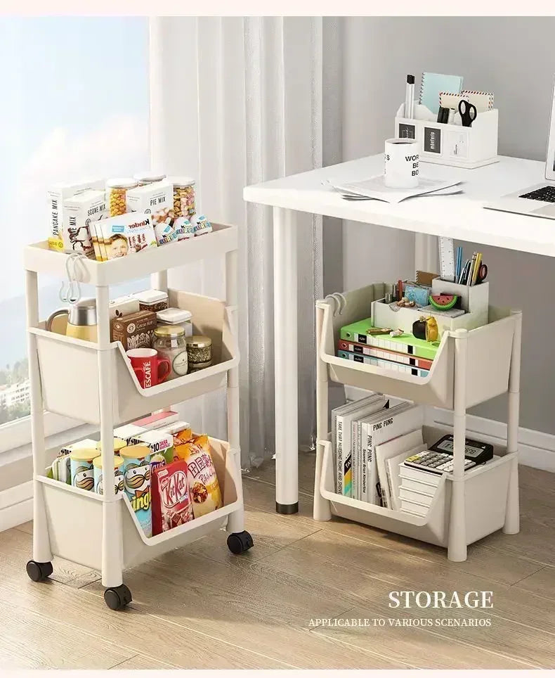 A white multi-layer portable storage rack with wheels is shown holding various office supplies and books on a modern desk.