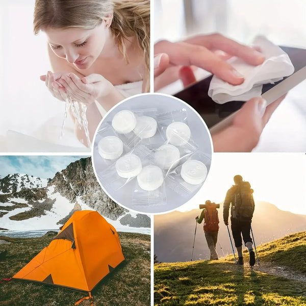 A collage showing hands applying disposable compressed wash wipes to a face, coins, an orange tent, and a person hiking on a 
