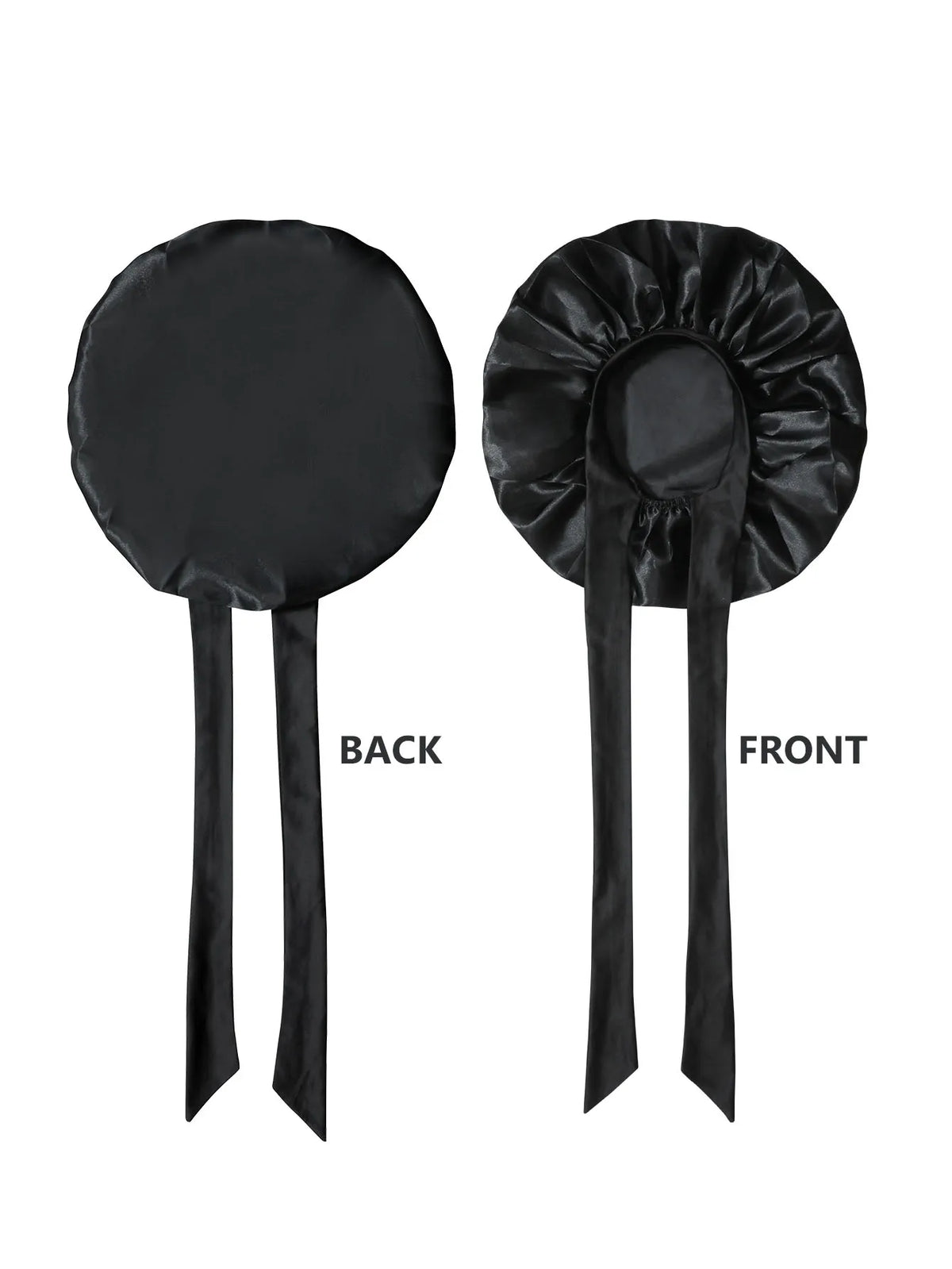 A pair of black silky satin sleep bonnets shown from the back and front.