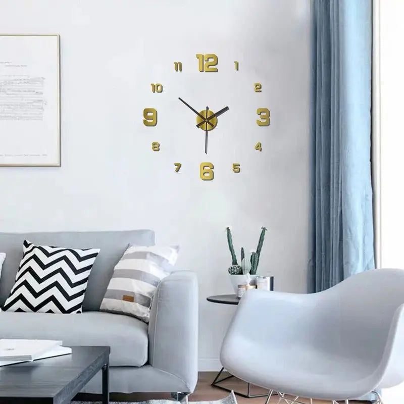 A modern living room features a frameless antique style wall clock with gold numerals on a white wall.