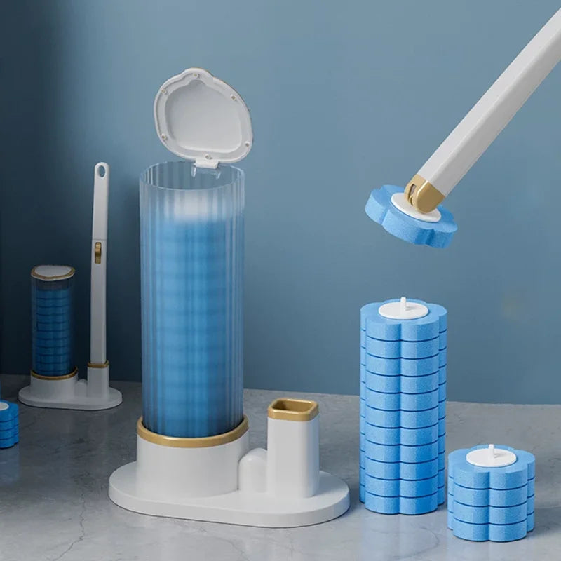 A disposable toilet brush cleaning kit with a white handle and blue bristles is shown in various forms.