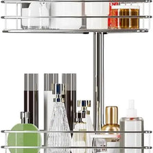 A chrome adjustable shower storage rack holding various white and amber glass bottles and containers.