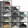 A grid of twelve clear plastic shoe storage boxes with front doors, showing various sneakers.