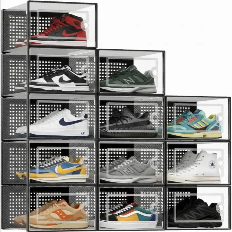 A grid of twelve clear plastic shoe storage boxes with front doors, showing various sneakers.