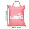 A pink reusable laundry bag featuring a white airplane graphic and the word LAUNDRY printed on it.