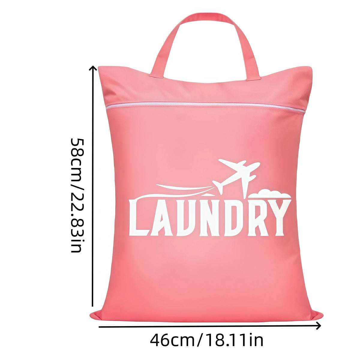 A pink reusable laundry bag featuring a white airplane graphic and the word LAUNDRY printed on it.