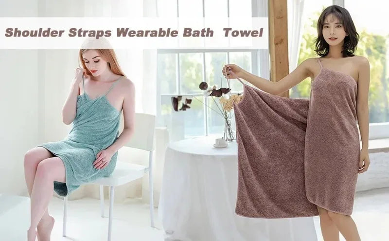 A woman models a pink bath towel draped over her shoulder, showcasing the wearable bath towel product.