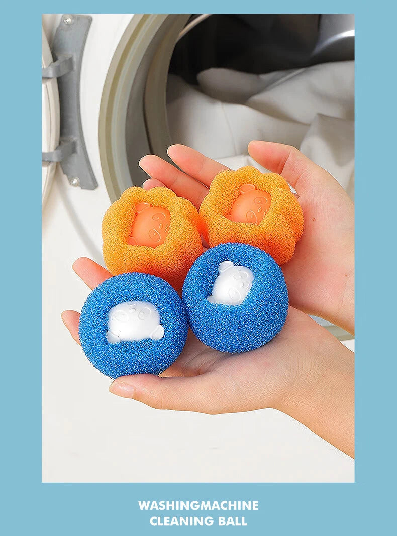 A hand holds three colorful cleaning balls—orange, blue, and white—used for washing machine cleaning.