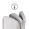 A close-up view of a light gray zippered storage pouch, demonstrating a smooth pull mechanism.