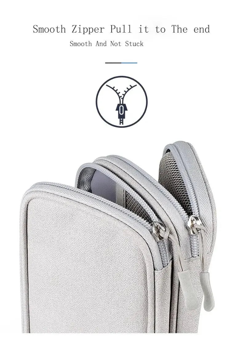 A close-up view of a light gray zippered storage pouch, demonstrating a smooth pull mechanism.